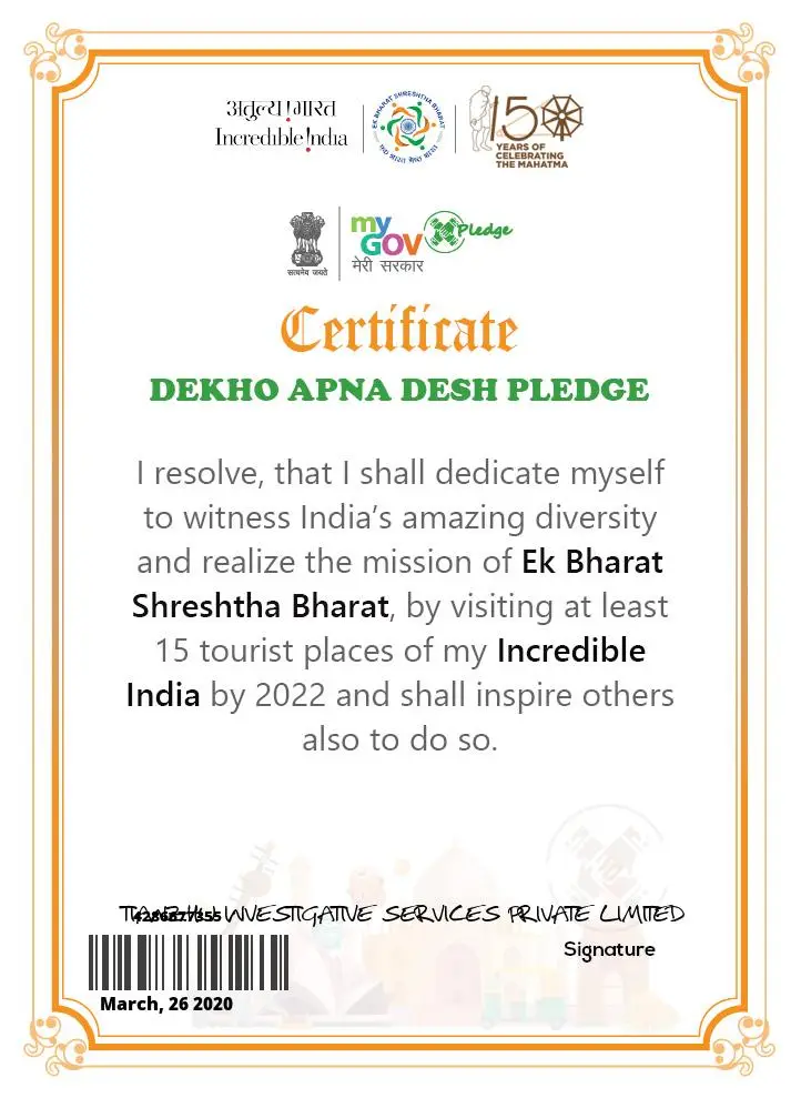 Certificate Dekho Apna Desh Pledge 2022.