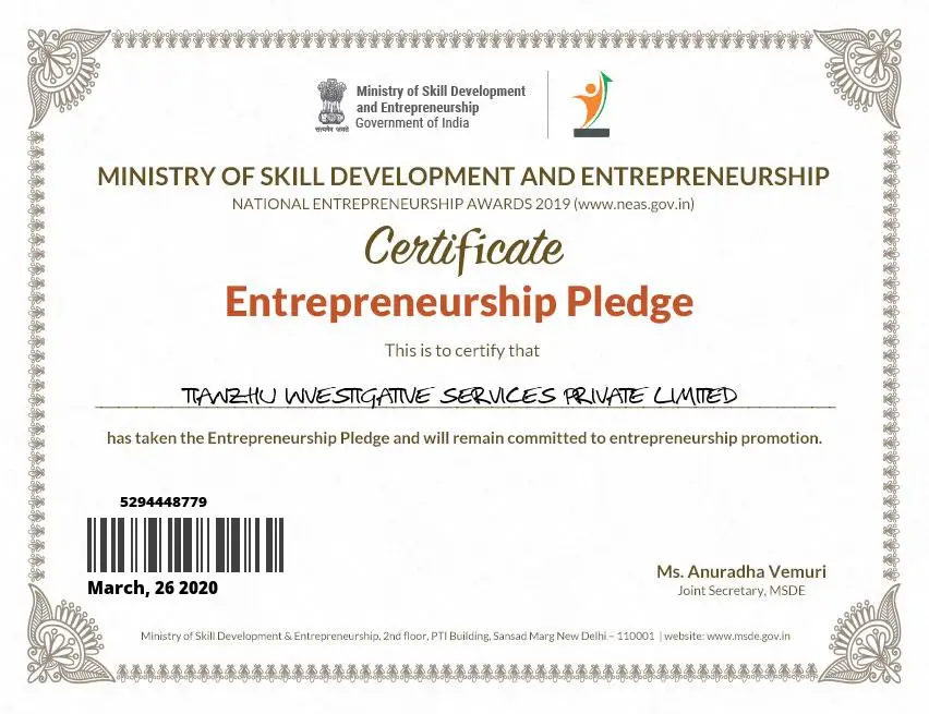 Certificate Entrepreneurship Pledge 2020
