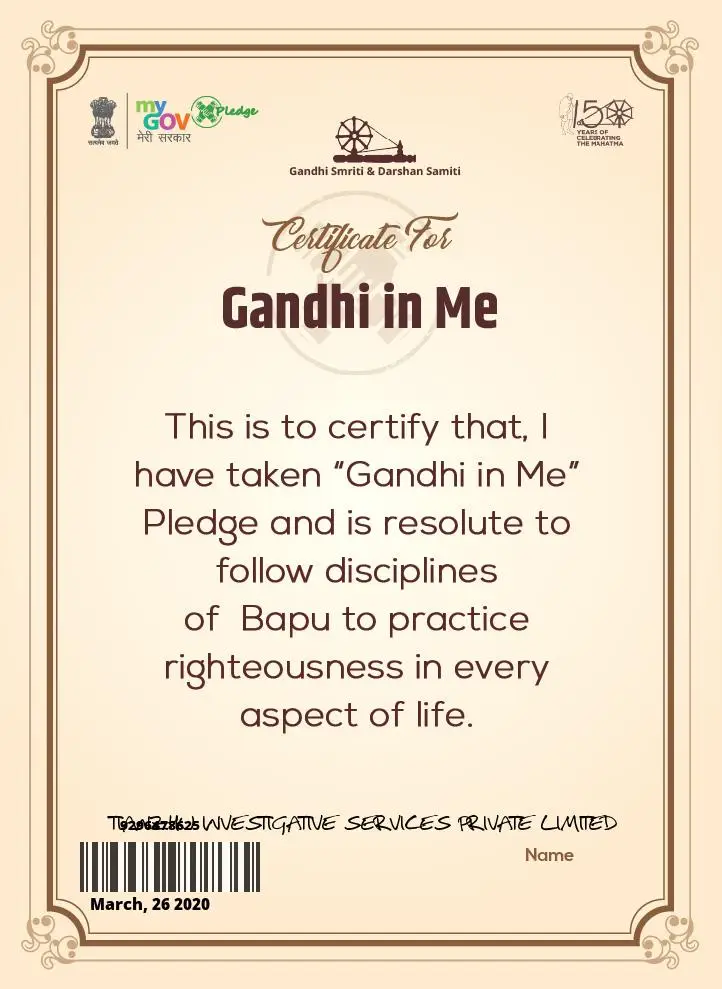 Certificate for Gandhi in Me, 2020.